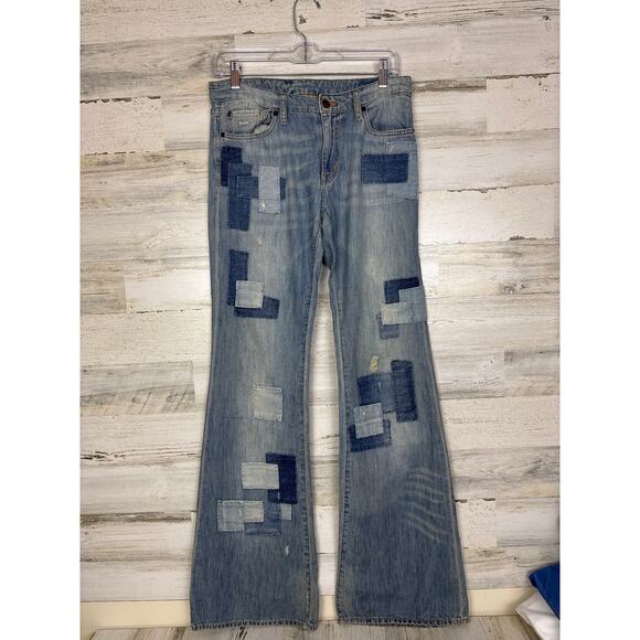 Vintage Denim & Supply Ralph Lauren women’s 29 patchwork flare blue jeans boho - Picture 1 of 6
